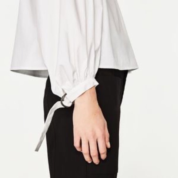 Zara White Blouse Puff Sleeve Top with Choker Neck - Picture 4 of 8